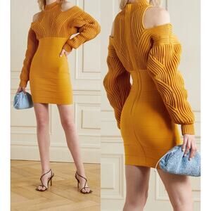 NWT HERVÉ by Hervé Léger Cold-Shoulder Cable-knit & Bandage Mini Dress Yam XS
